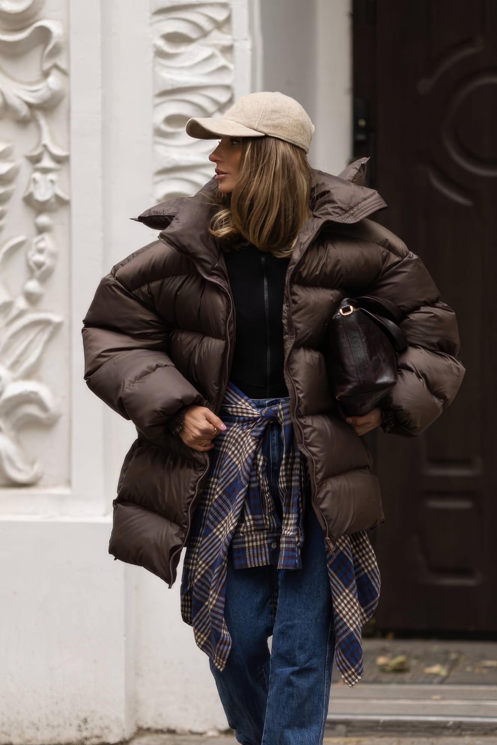 Oversized Brown Puffer with Plaid Shirt Tie Oversized Brown Puffer with Plaid Shirt Tie — Winter Puffer Jacket Outfits