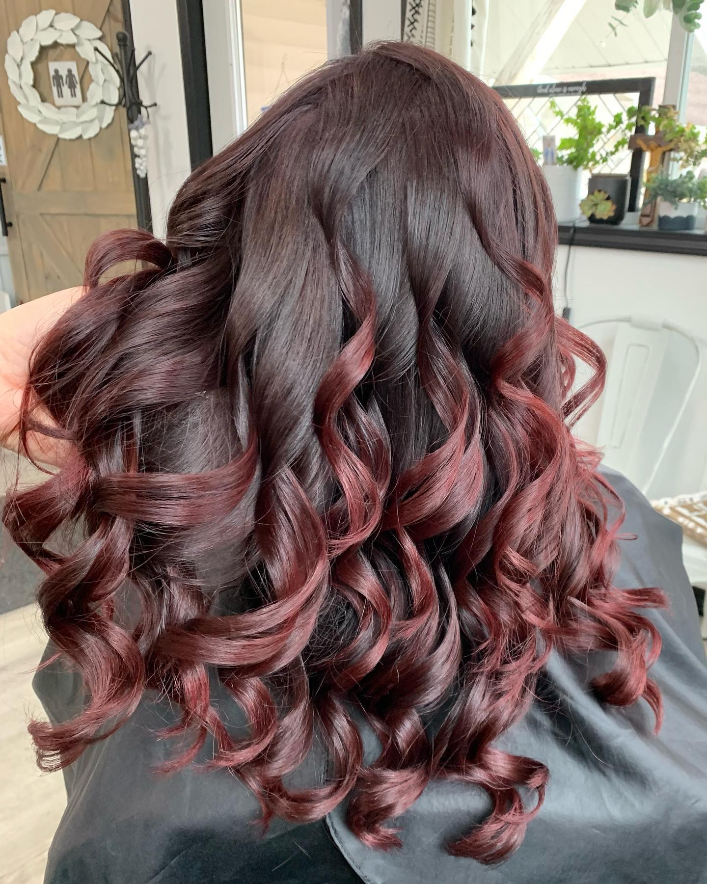 Mid-Back Deep Cherry Red With Balayage Highlights — Cherry Cola Hair Color