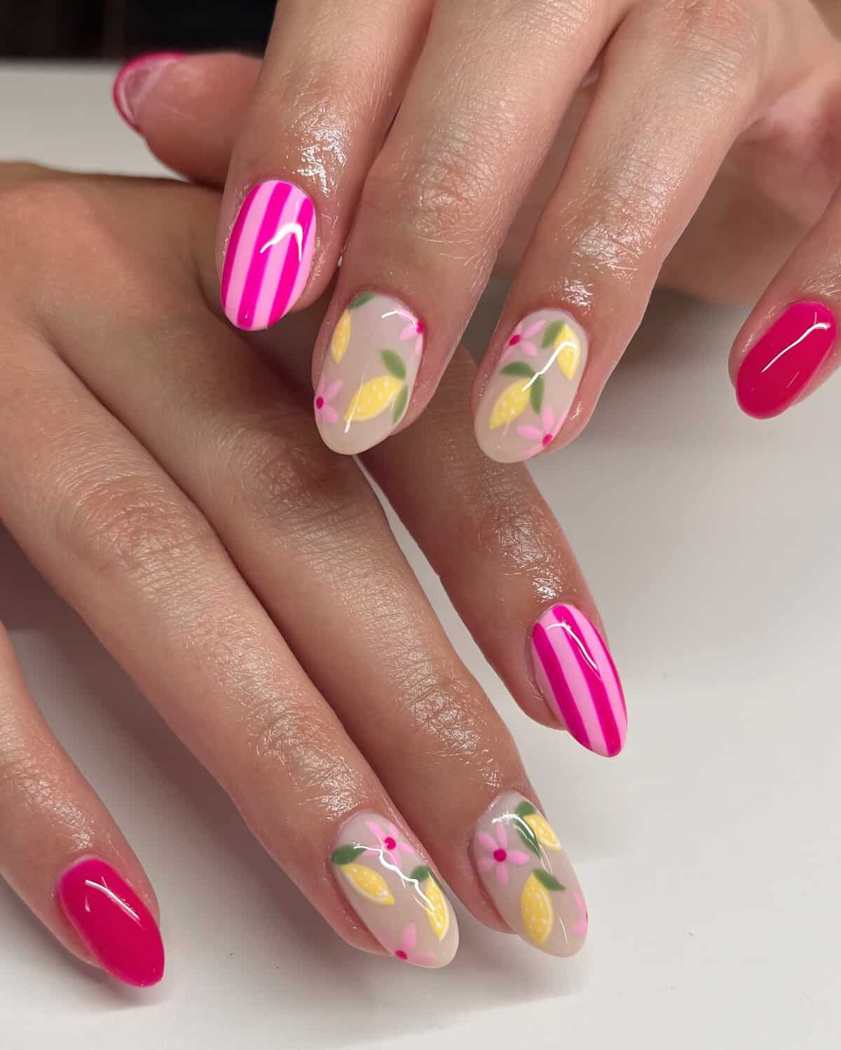 Medium Almond Hot Pink with Lemon Slices — Cute Nail Designs