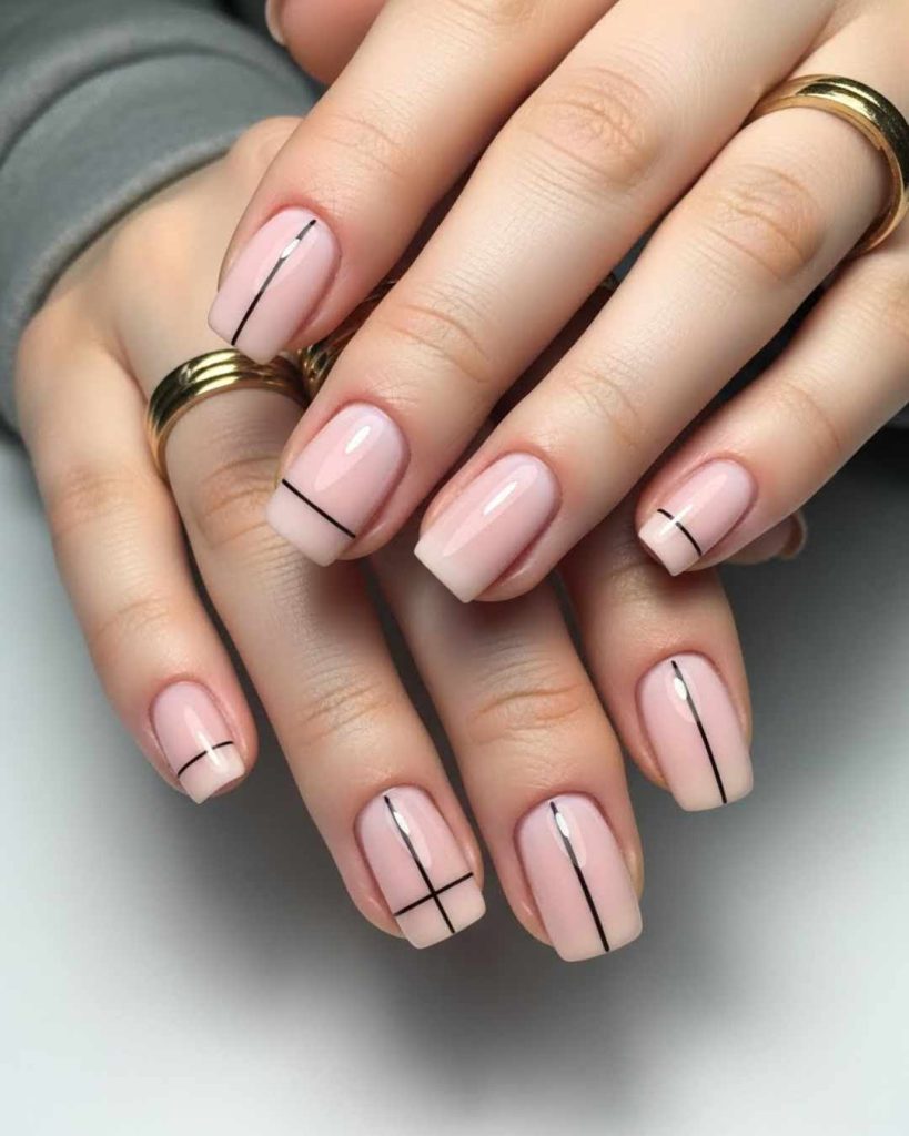 Sheer Pale Pink Black Line Geometric Nails Sheer Pale Pink Black Line Geometric Nails — Simple Nail Designs