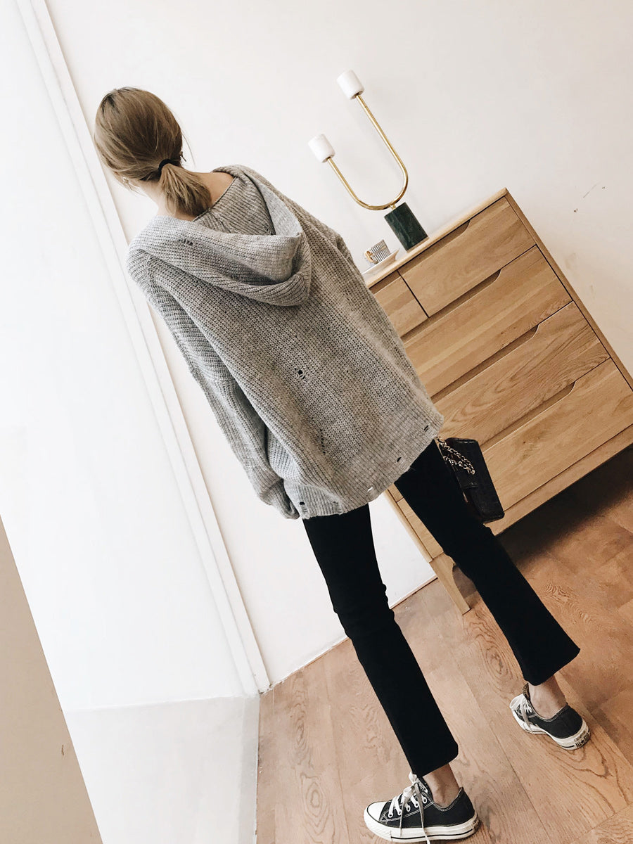 Edgy Hooded Sweater: Distressed Knit with Black Pants Edgy Hooded Sweater: Distressed Knit with Black Pants — Oversized Sweater Outfits