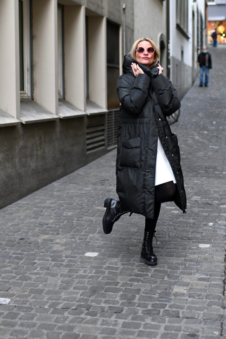 Long Black Puffer Coat with White Dress and Combat Boots — Long Puffer Coat Outfits
