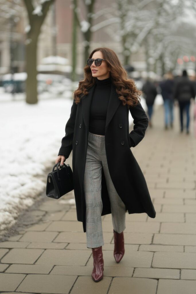 Classic Black Coat with Burgundy Boots for a Stylish Winter Day Out Classic Black Coat with Burgundy Boots for a Stylish Winter Day Out — December Outfits