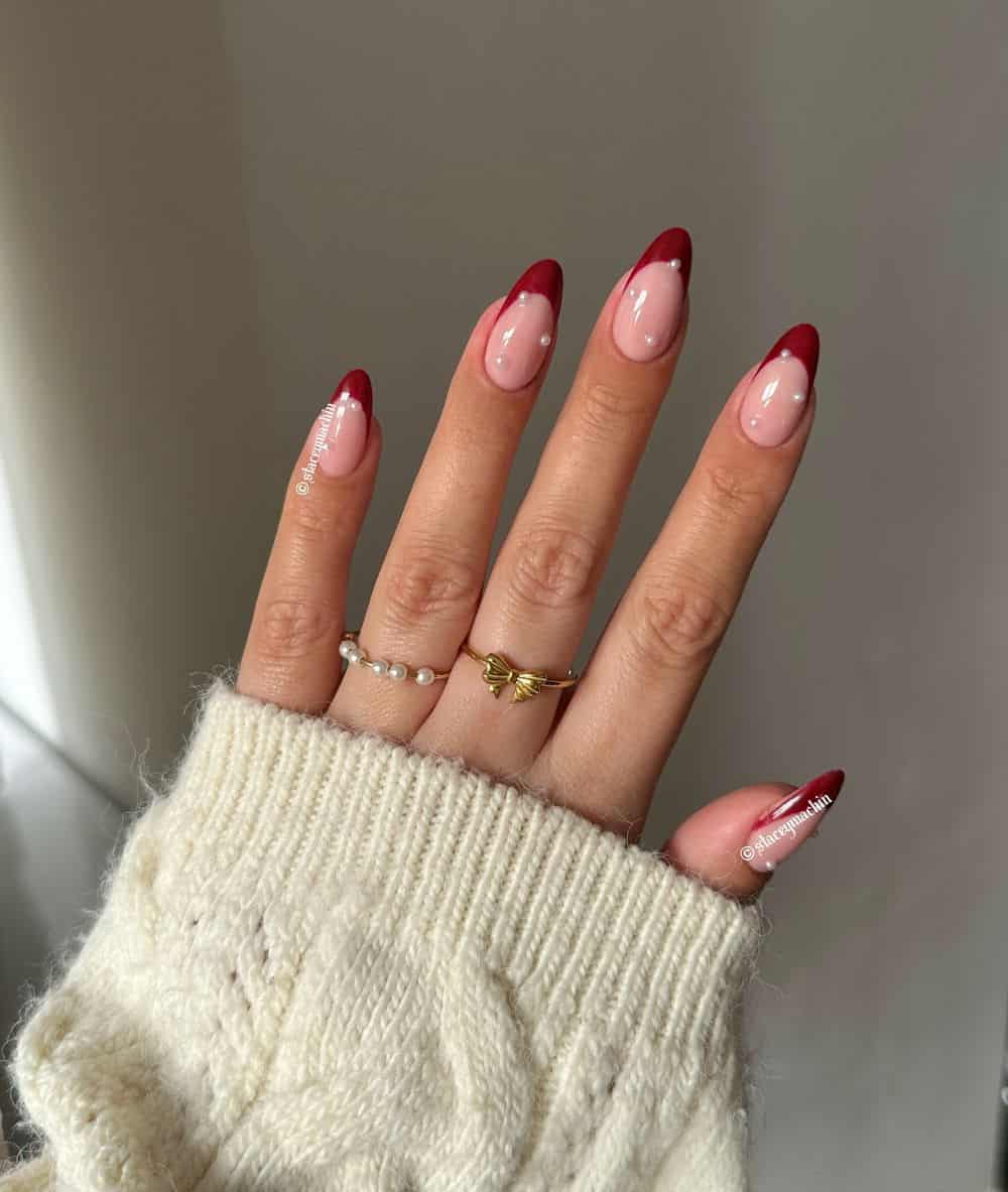 Sheer Pink French with Red Tips and Pearls Sheer Pink French with Red Tips and Pearls — Everyday Winter Nails