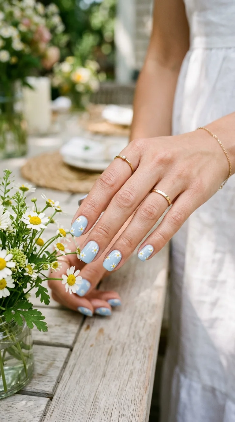 Short Square Baby Blue Daisy Nails — Blue Nail Inspo