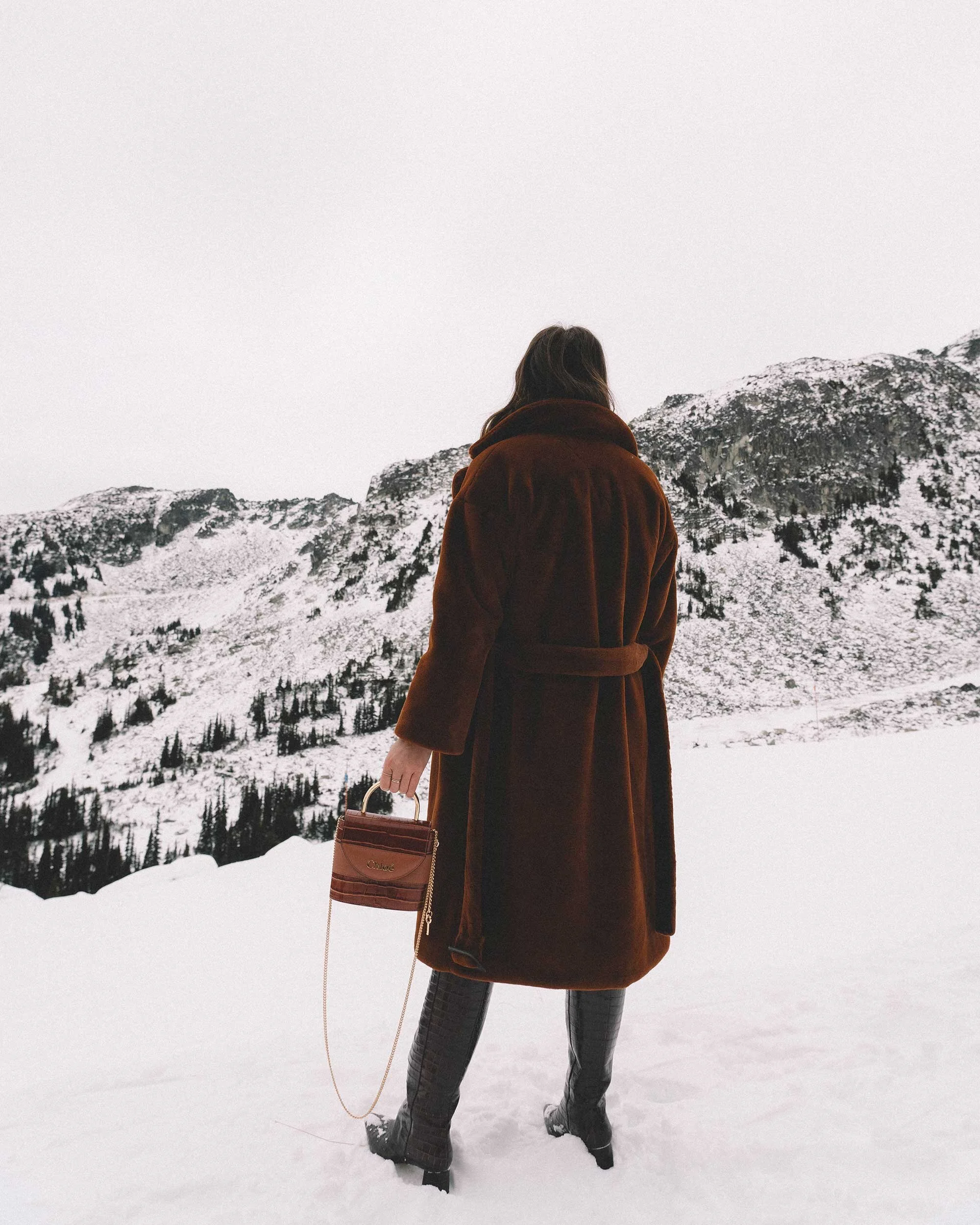 Brown Faux Fur Long Coat with Belt and Boots — Long Coat Outfits