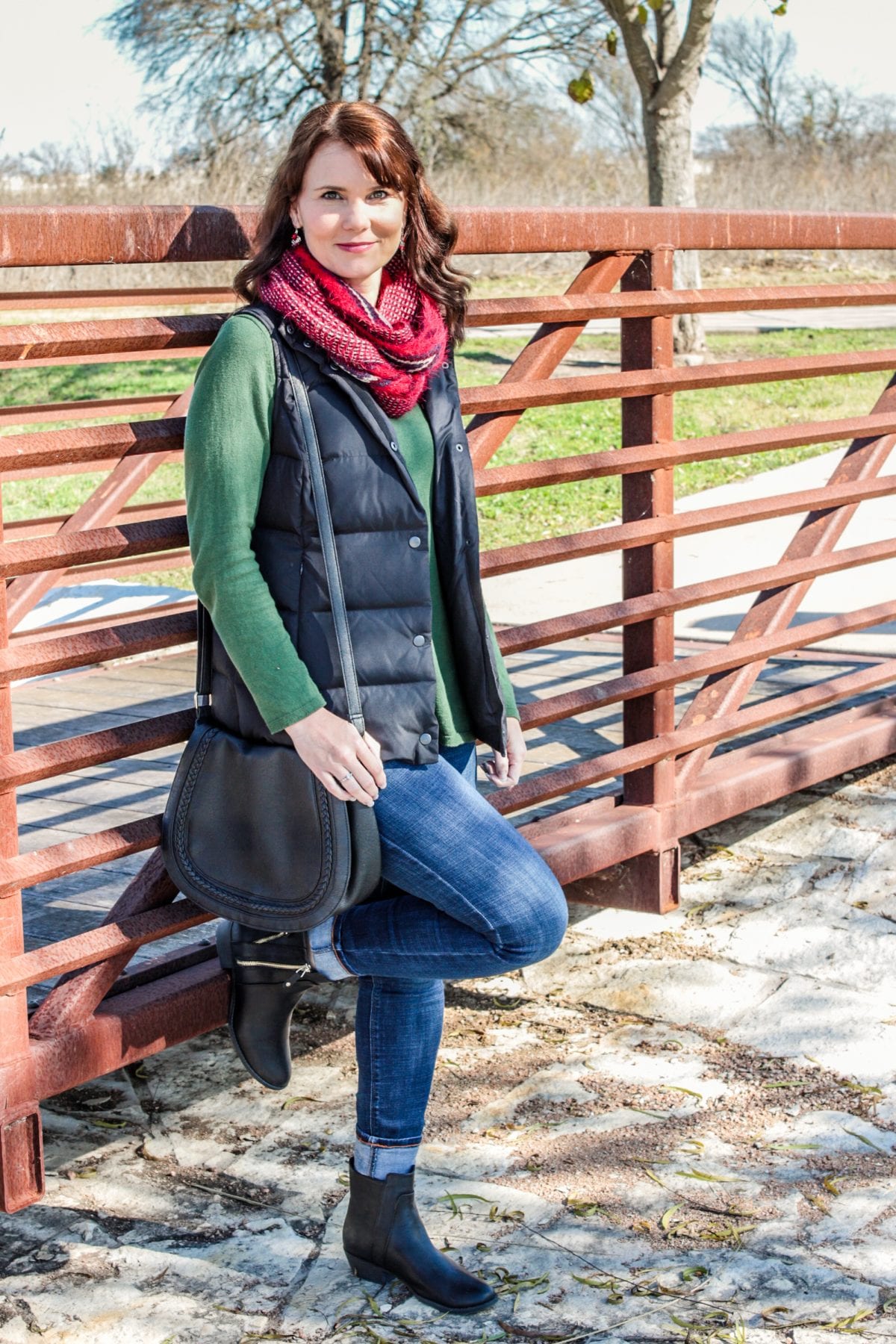 Black Puffer Vest with Red Scarf and Green Sweater Black Puffer Vest with Red Scarf and Green Sweater — Puffer Vest Outfits