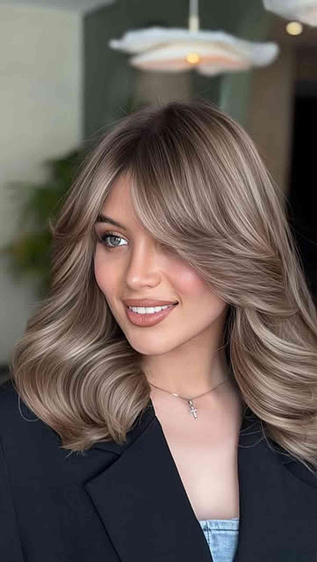 Mushroom Brown With Balayage Curtain Bangs Mushroom Brown With Balayage Curtain Bangs — Mushroom Brown Hair