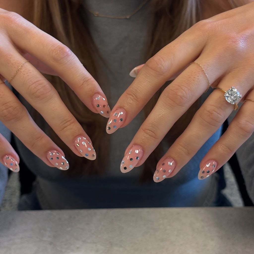 Clear Base with Scattered Silver Glitter Clear Base with Scattered Silver Glitter — Winter Nail Colors for Women Over 40