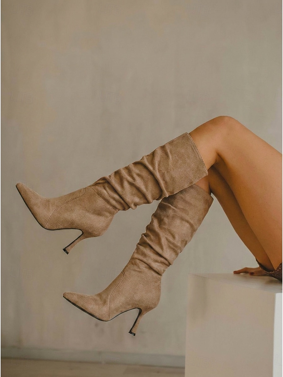 Beige Slouchy Knee-High Boots with Stiletto Heels — Slouchy Boots Outfits