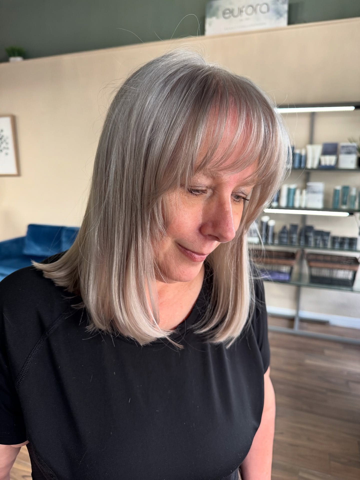 Mid-Back Ash Blonde With Gray Undertones Mid-Back Ash Blonde With Gray Undertones — Gray Blending Highlights