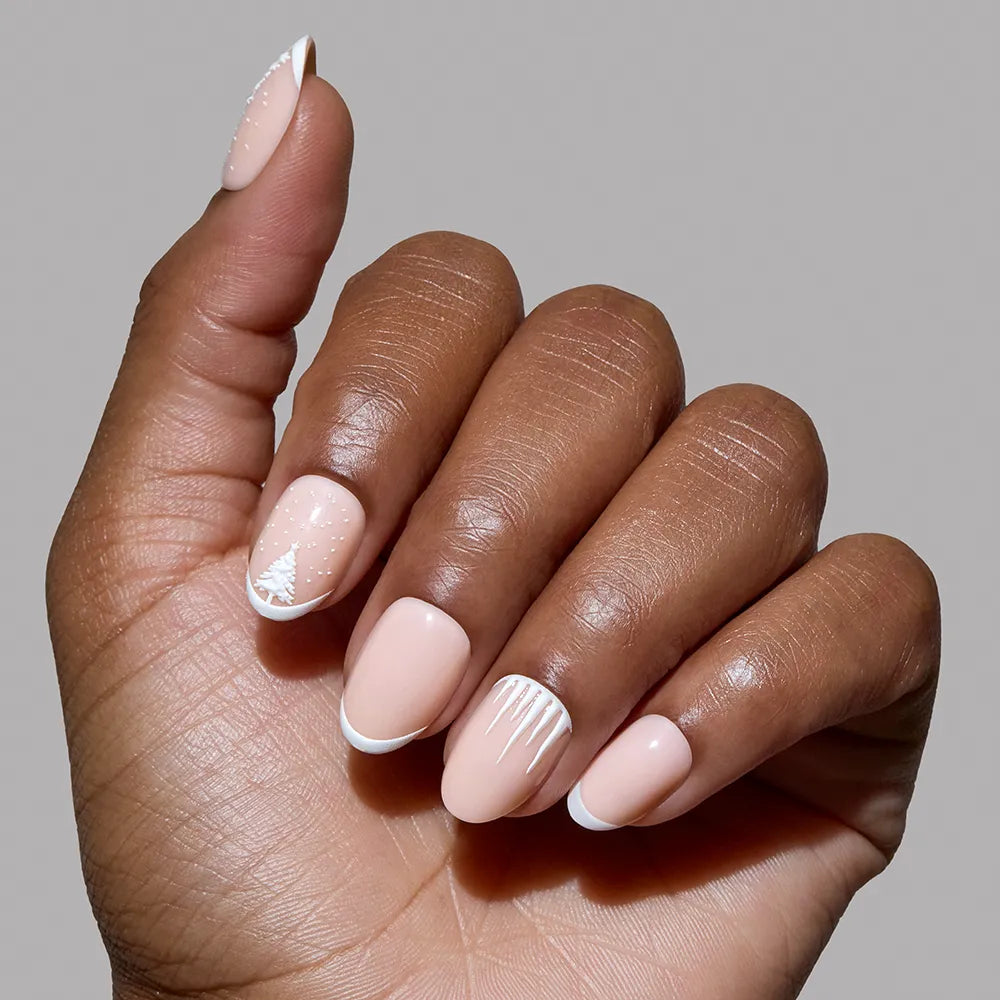 Pale Pink Base White Art Visual Idea — Winter French Tip Nails
