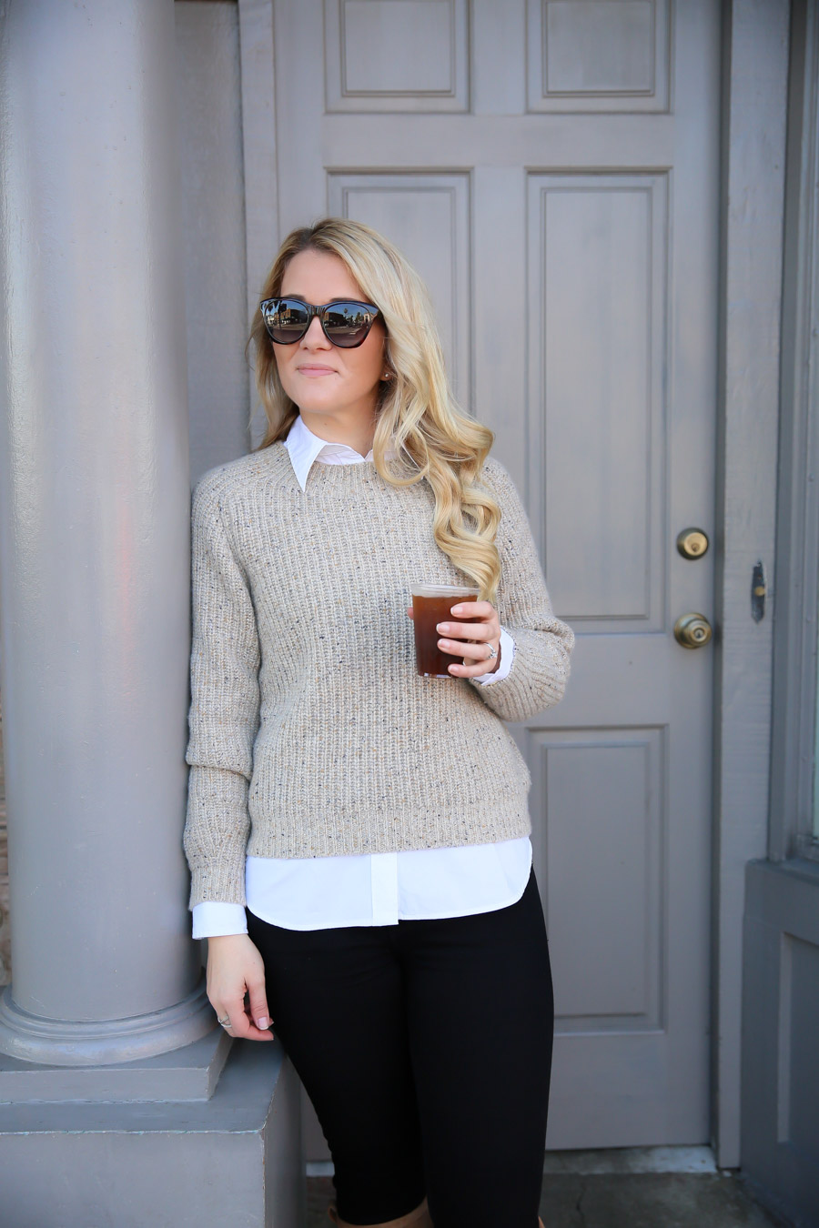 Speckled Beige Sweater Layered Over White Shirt with Slim Pants Speckled Beige Sweater Layered Over White Shirt with Slim Pants — Sweater Outfits