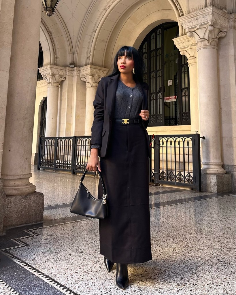 Black Maxi Skirt with Blazer and Cardigan Black Maxi Skirt with Blazer and Cardigan — Winter Skirt Outfits