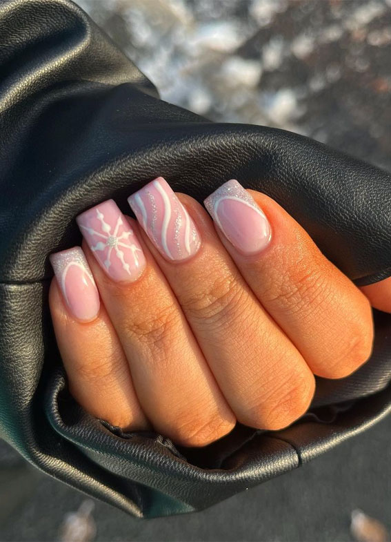 Pink French With Snowflake Swirl Glitter Pink French With Snowflake Swirl Glitter — Winter Square Nails