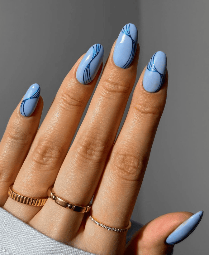 Light Blue with Abstract Dark Blue Swirls — Winter Blue Nails