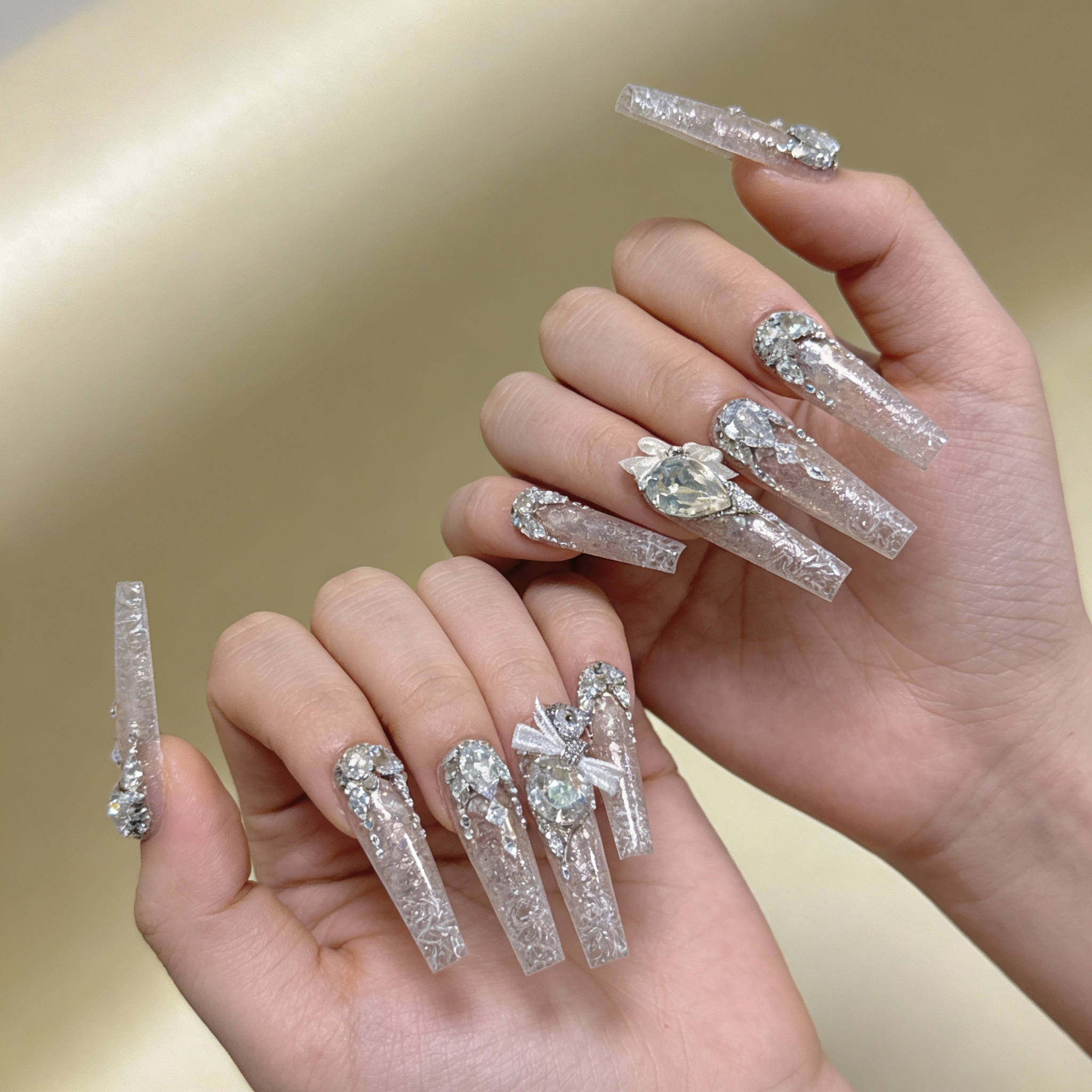 Rhinestones 3D Bows Glitter Accents Visual Idea Rhinestones 3D Bows Glitter Accents Visual Idea — Long Winter Nails