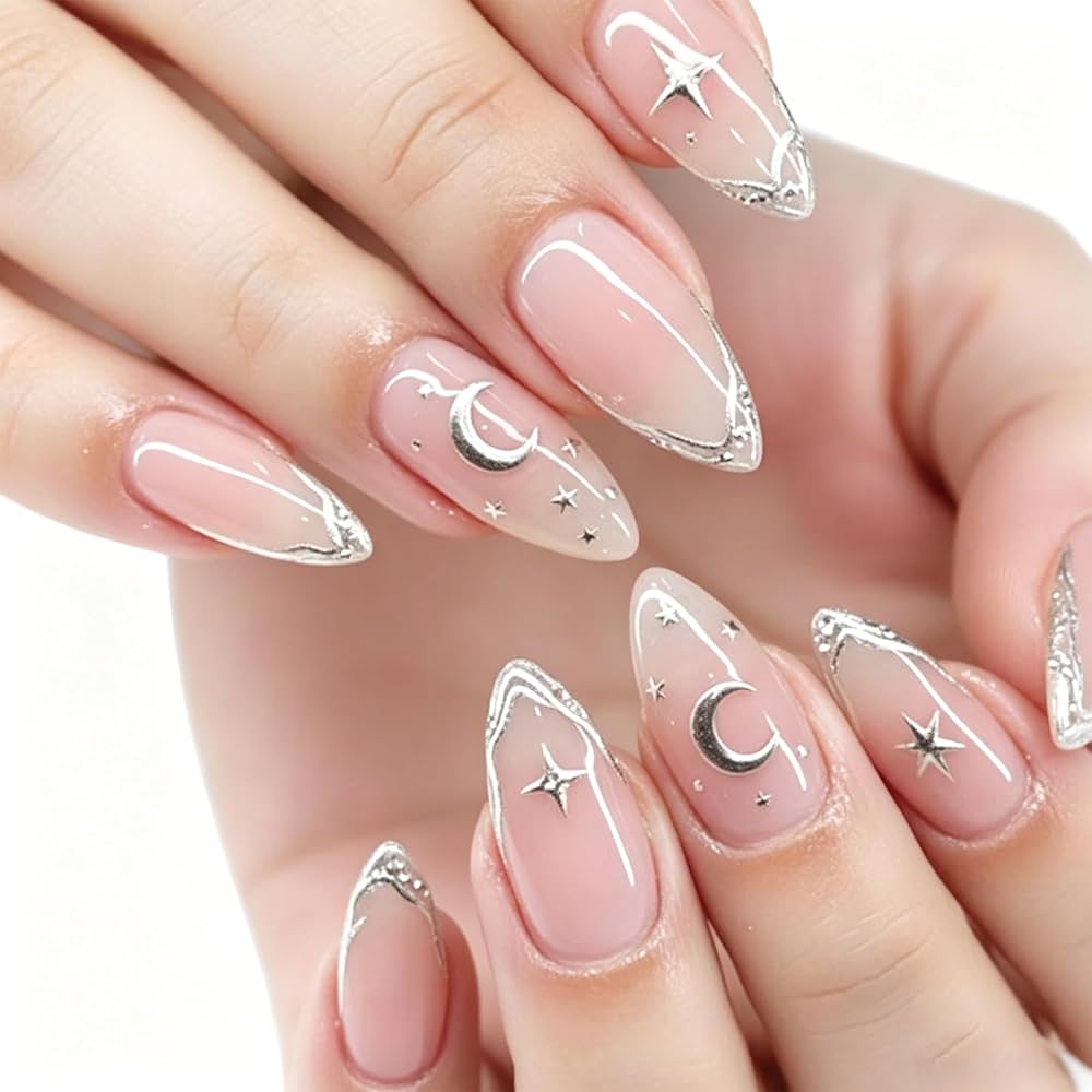 Celestial Silver Accent Almond Nails Celestial Silver Accent Almond Nails — Almond Nail Inspo