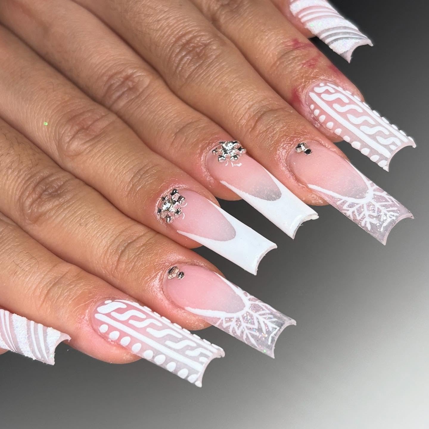 Extra-Long Sheer Pink Cable Knit Snowflake Coffin Nails Extra-Long Sheer Pink Cable Knit Snowflake Coffin Nails — Winter Coffin Nails