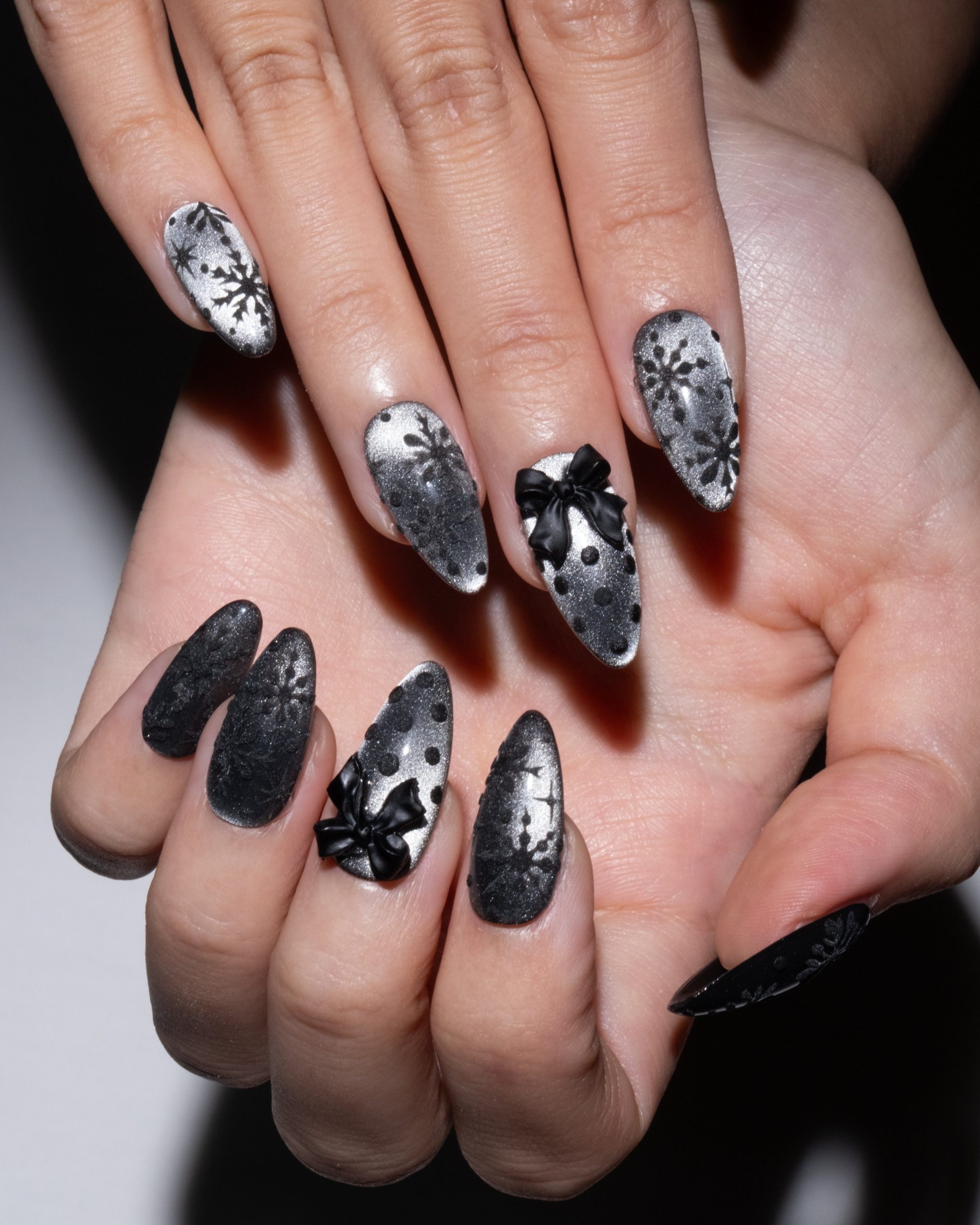 Textured Black Almond Nails with 3D Bows — Winter Black Nails