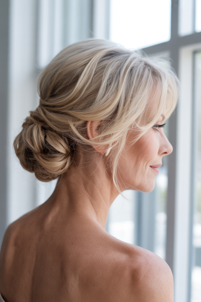 Soft Blonde Chignon With Wispy Bangs — Winter Formal Hairstyles