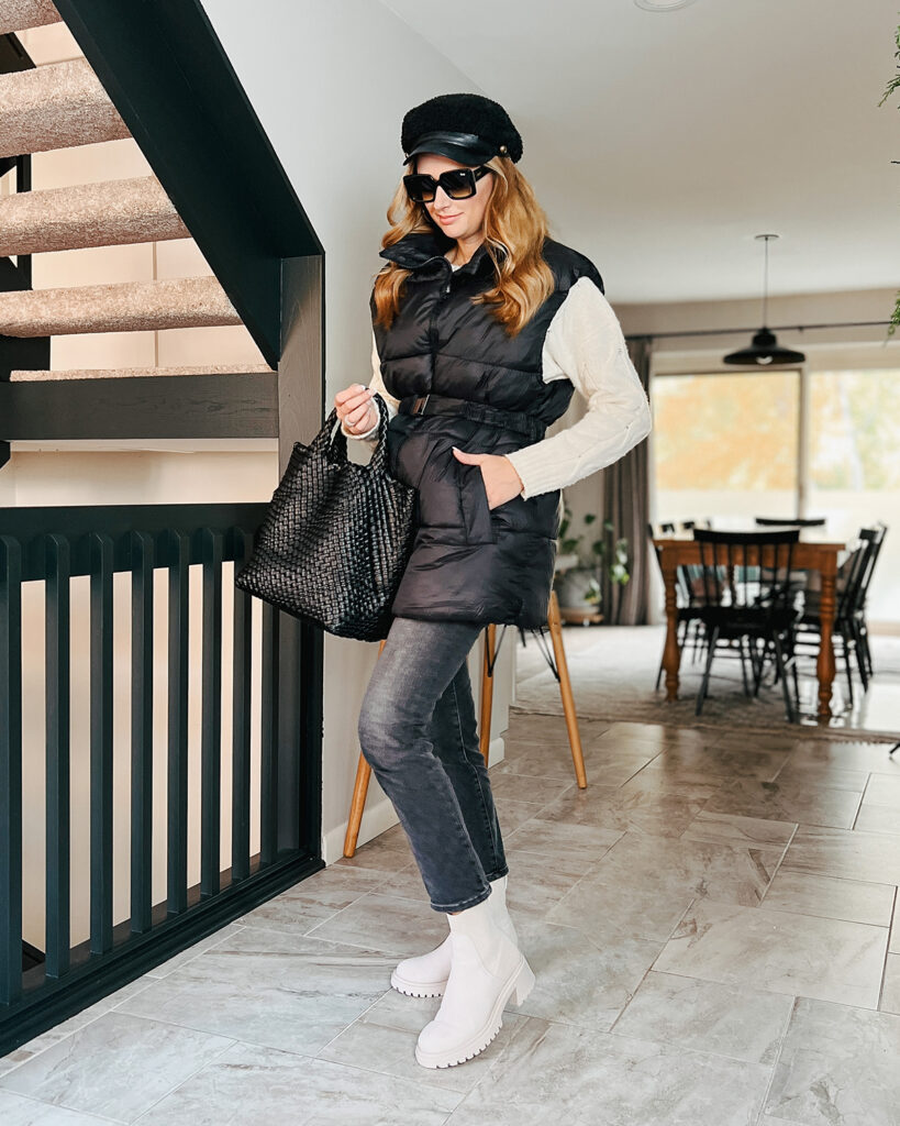 Long Black Puffer Vest with Belt and Cable-Knit Sweater Long Black Puffer Vest with Belt and Cable-Knit Sweater — Puffer Vest Outfits