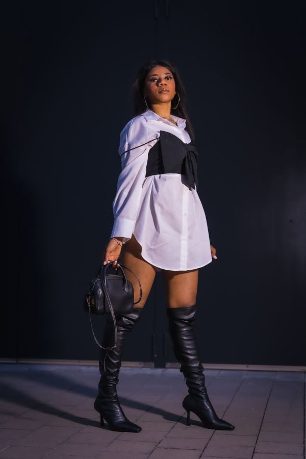 Black Over-the-Knee Boots with White Shirt and Corset Belt Black Over-the-Knee Boots with White Shirt and Corset Belt — Over the Knee Boots Outfits