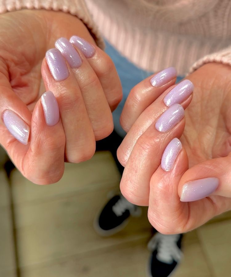 Medium Almond Iridescent Lavender Shimmer — Winter to Spring Transition Nails