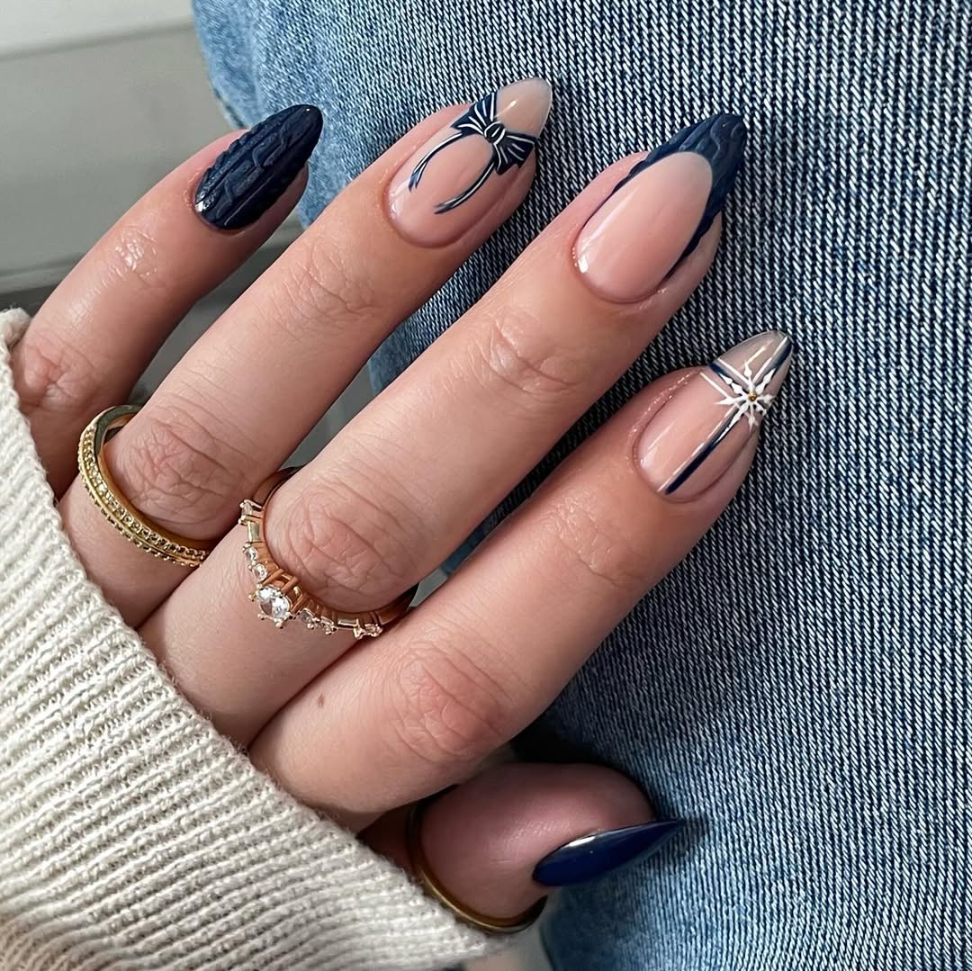 Modern Navy Bow French Almond Nails Modern Navy Bow French Almond Nails — Almond Nail Inspo