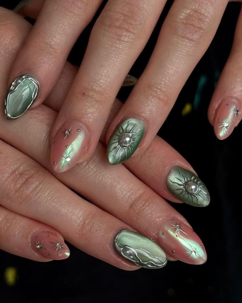 Iridescent Pale Green with 3D Metallic Art — Winter Green Nails