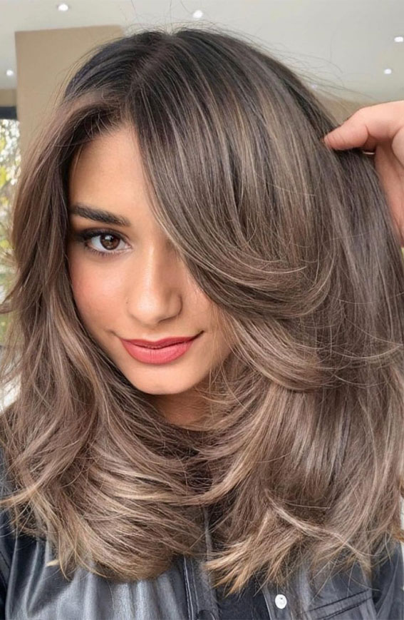 Collarbone Layers With Side-Swept Bangs in Ash Brown — Ash Brown Hair