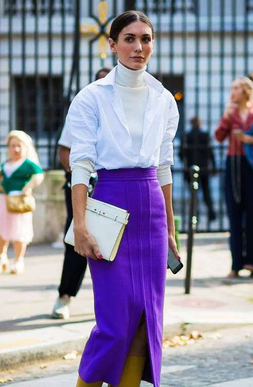 Layered White Turtleneck with Purple Pencil Skirt — Turtleneck Outfits