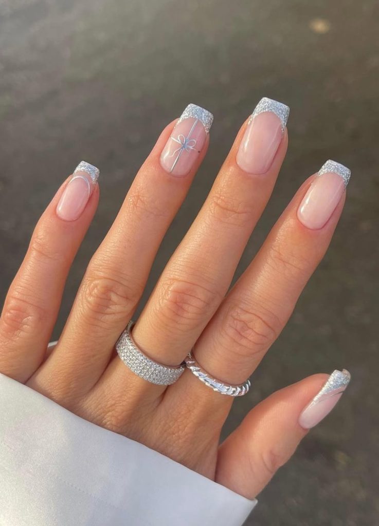 Sheer Pink Base Silver Glitter Visual Idea Sheer Pink Base Silver Glitter Visual Idea — Winter Vacation Nails