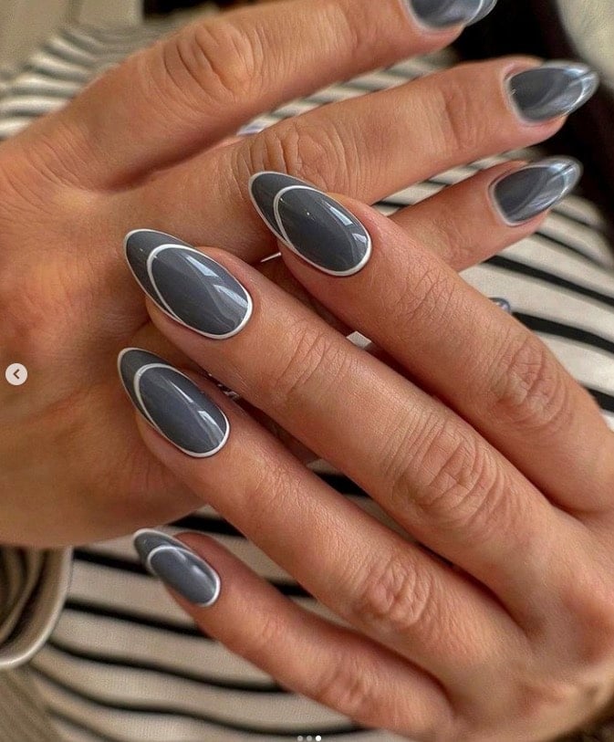 Dark Gray Glossy White Outline Almond Nails Dark Gray Glossy White Outline Almond Nails — Winter Gray Nails