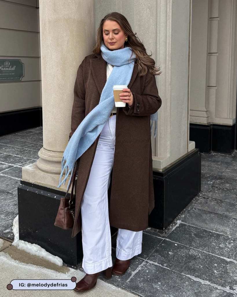Brown Wool Coat with Light Blue Scarf and Wide Jeans — Brown Coat Outfits