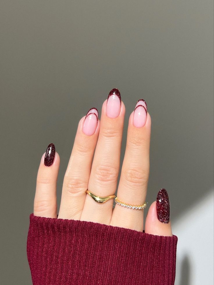 Pink French Tips with Burgundy Glitter Pink French Tips with Burgundy Glitter — Trendy Almond Nail Designs