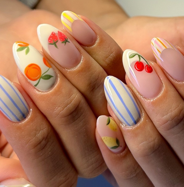 Glossy Playful Summer Fruit and Stripe Nails Glossy Playful Summer Fruit and Stripe Nails — Nail Art Ideas