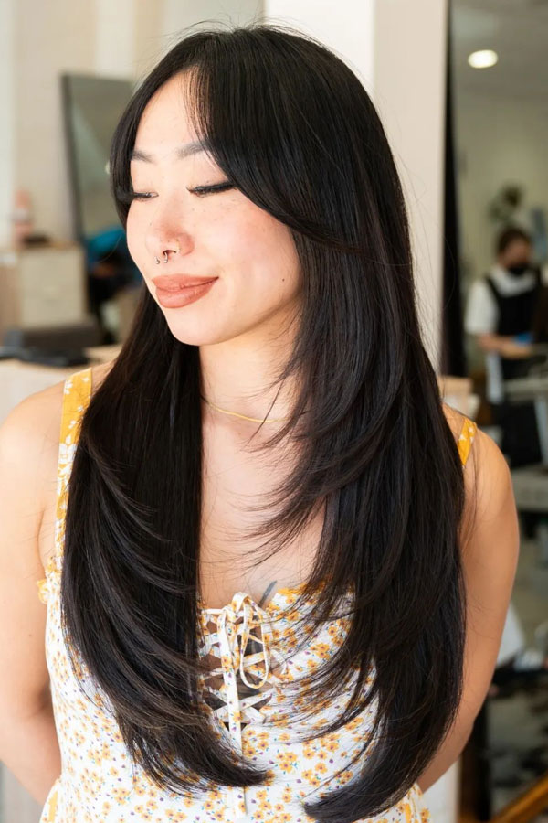 Front View Mid-Back Jet Black Layers With Curtain Bangs Front View Mid-Back Jet Black Layers With Curtain Bangs — Jet Black Hair
