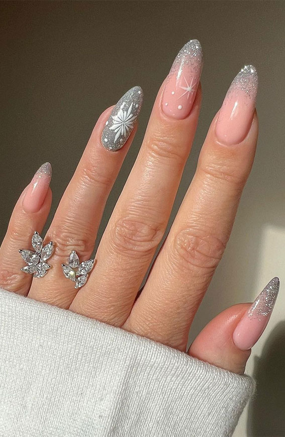 The Single Detail A Reader Notices First Soft Pink to Nude Glitter Ombre with Snowflakes — Winter Ombre Nails