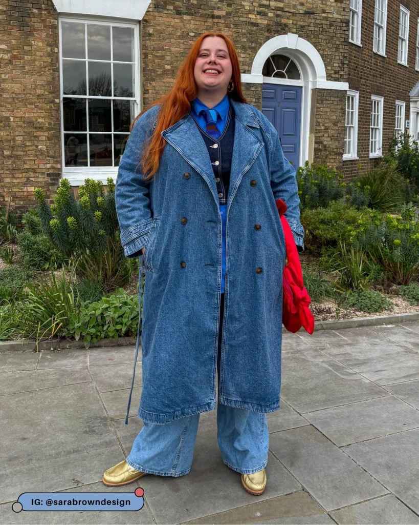 Denim Trench Coat with Gold Flats and Red Bag — Long Coat Outfits