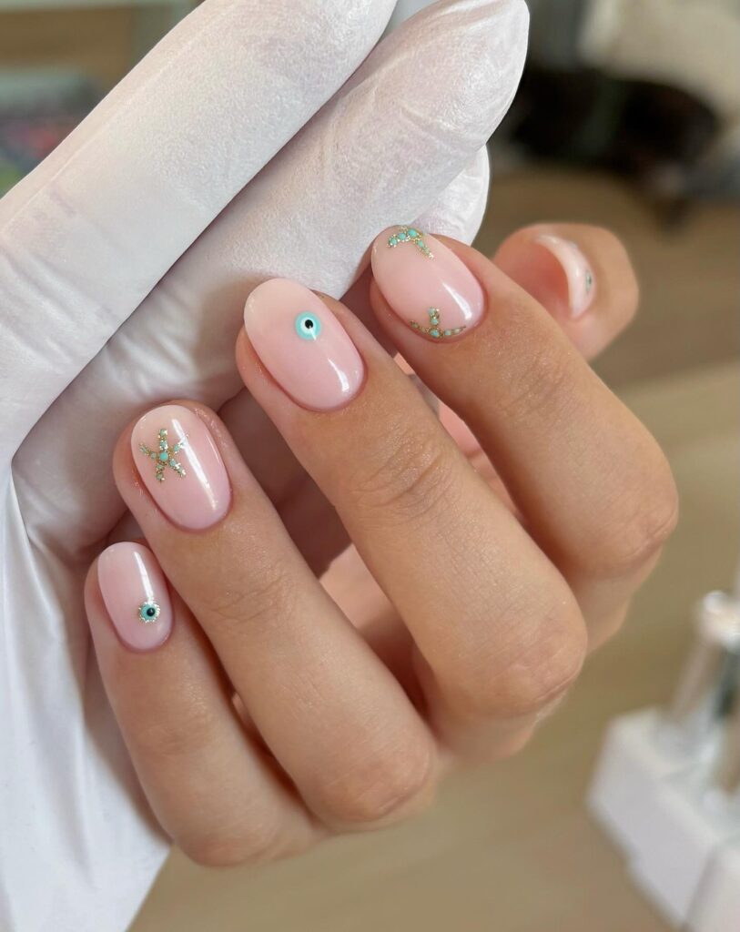 Pale Pink Evil Eye Star Charm Nails Pale Pink Evil Eye Star Charm Nails — Simple Nail Designs