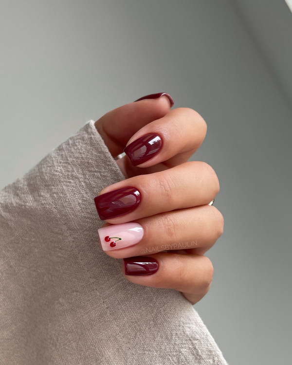 Burgundy with Cherry Art Accent Burgundy with Cherry Art Accent — Burgundy Nails