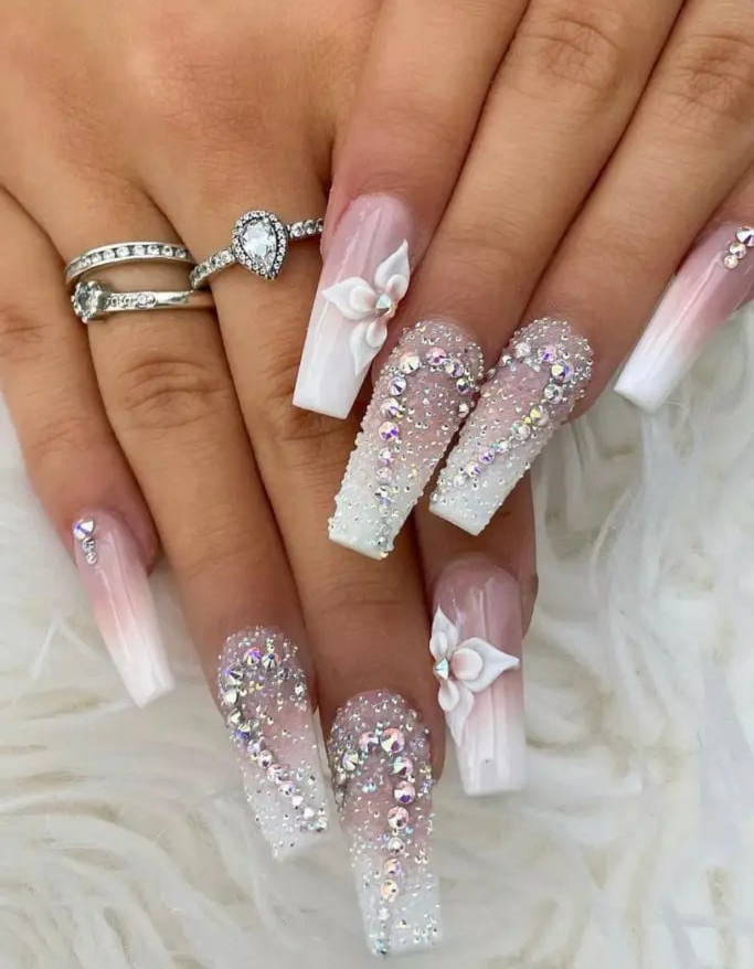 3D Floral Rhinestone Glitter Coffin Nails — Winter Wedding Nails