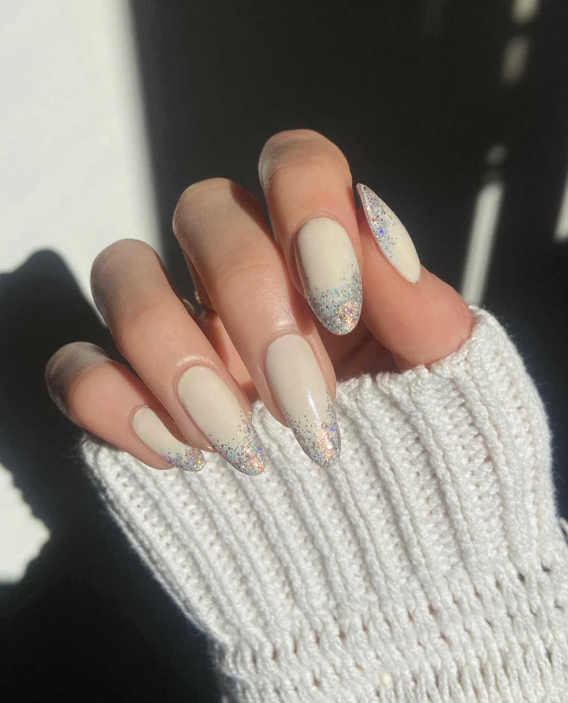 Glitter Accent On Tips And Cuticle Line Visual Idea Glitter Accent On Tips And Cuticle Line Visual Idea — Short Winter Almond Nails