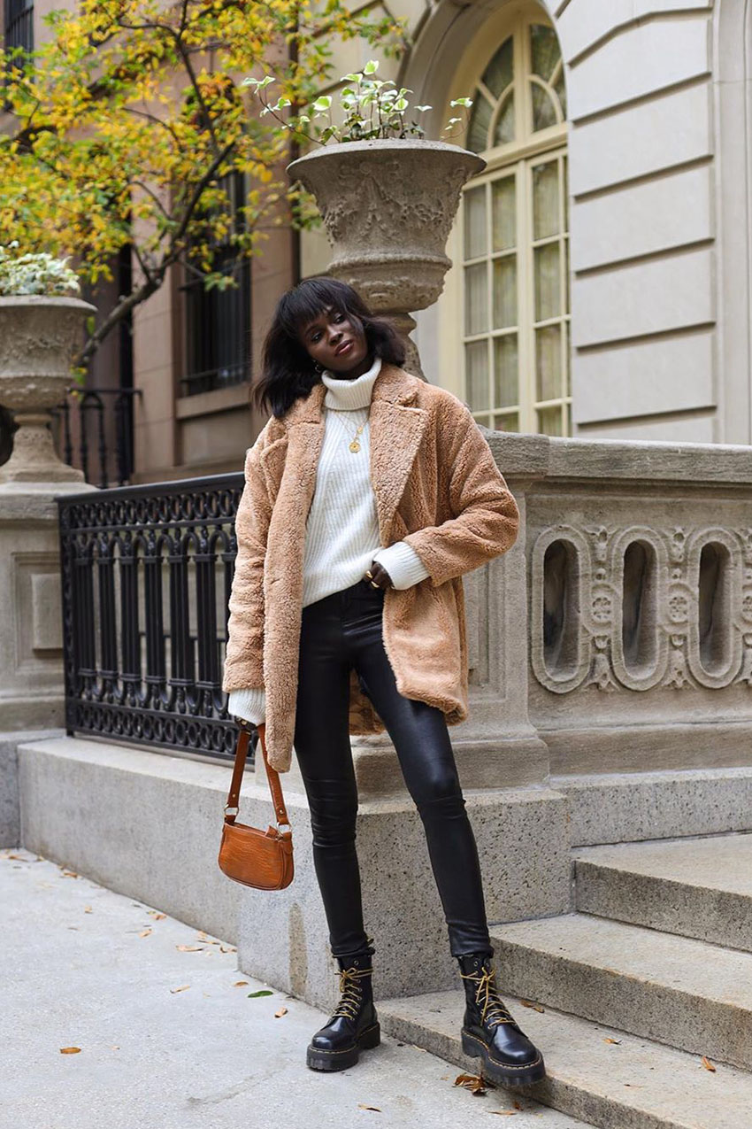 Elevated Casual: Teddy Coat and Lace-Up Boots Elevated Casual: Teddy Coat and Lace-Up Boots — Black Boots Outfits
