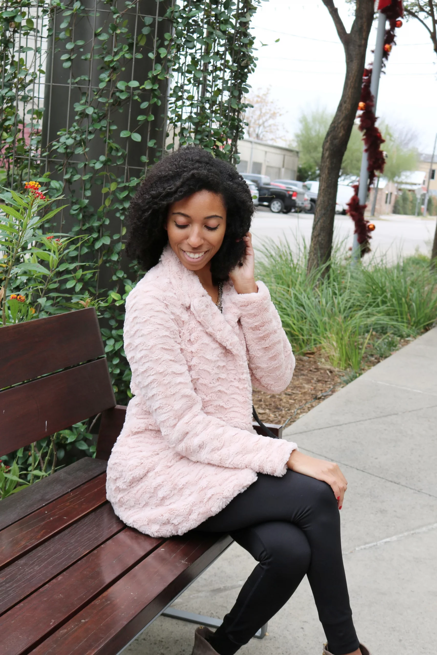 Light Pink Textured Jacket with Black Leggings and Heels — Faux Fur Coat Outfits