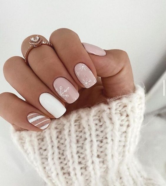 Pale Pink White Silver Visual Idea — Neutral Winter Nails