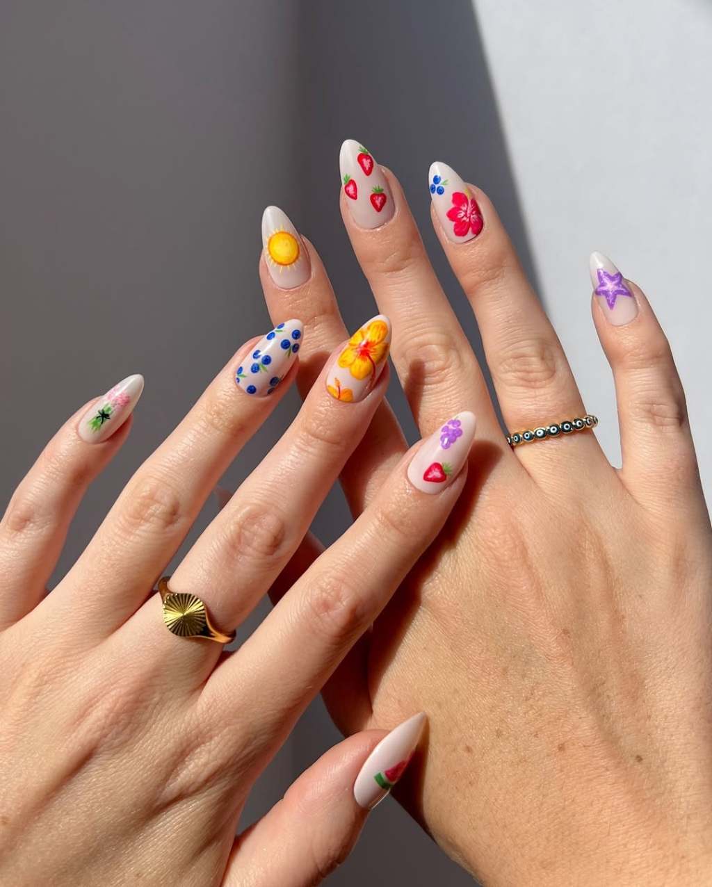 Long Almond Summer Motif Nails — Easy Nail Designs