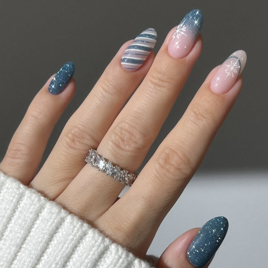 Pink to Blue Gradient Snowflake Nails Pink to Blue Gradient Snowflake Nails — Short Winter Acrylic Nails