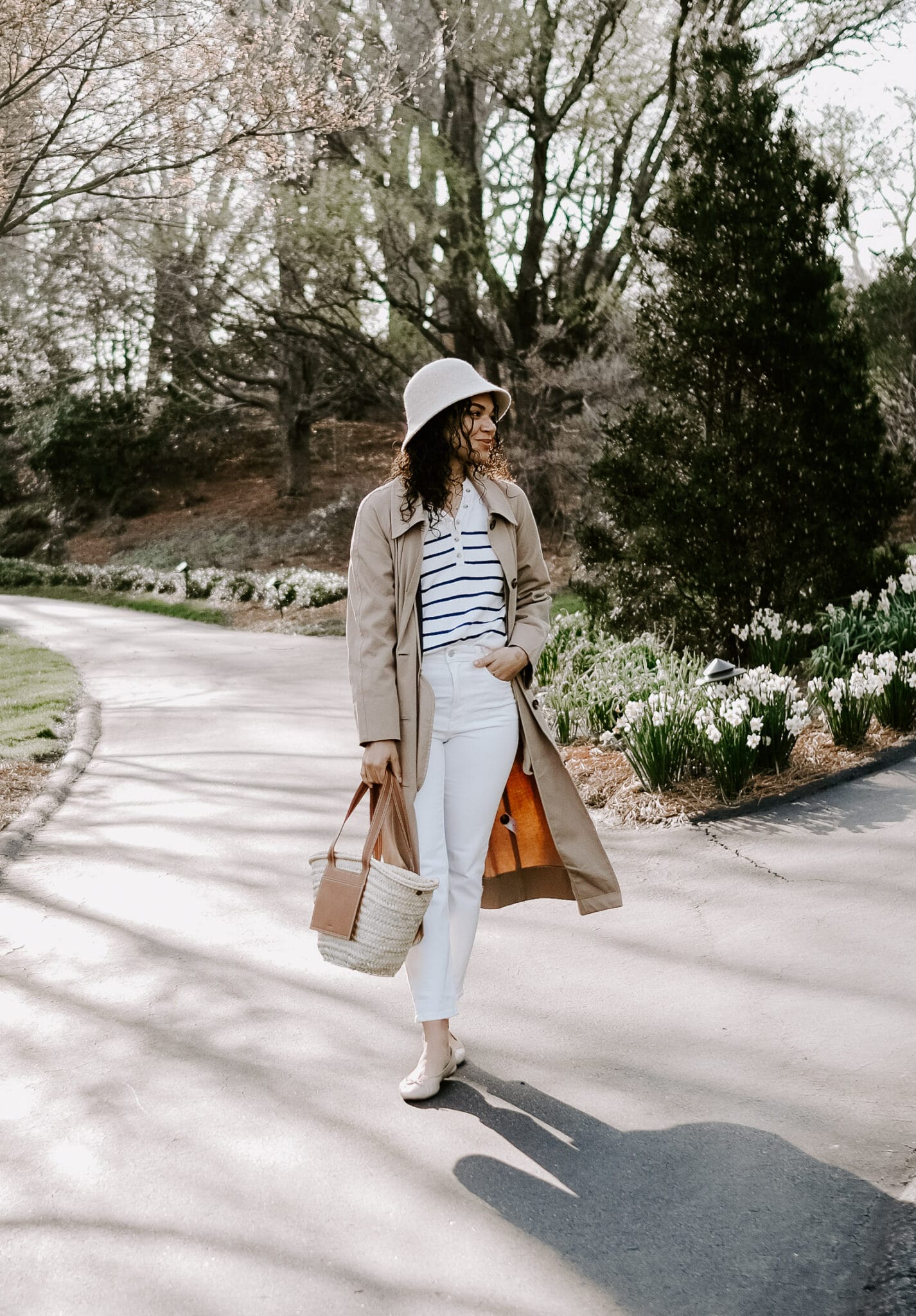 Striped Tee and White Jeans with Beige Trench Coat — Layered With A Classic Beige Trench Coat — Winter to Spring Transition O